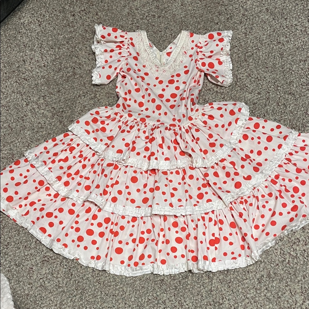 Vintage Polka Dot tri Ruffled skirt fringe neck square dancing Dress